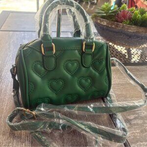 NWT, Like Dreams, Green Heart-Patterned Mini Bowling crossbody Bag.
